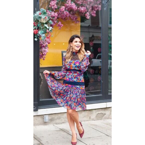 Saloni 100% silk Dina Georgette Dress Tropical Hydrangea - Picture 1 of 7